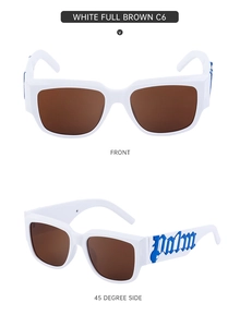 Vues de face et de profil à 45 degrés de lunettes de soleil œil-de-chat blanches à verres bruns