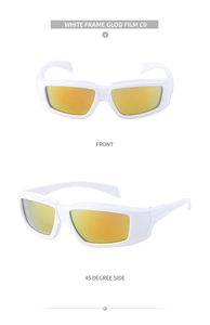 Front and side view of white frame sports sunglasses with gold mirrored lenses