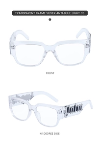 Détail de lunettes anti-lumière bleue carrées transparentes avec décor gothique en argent