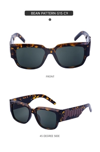 Détail de lunettes de soleil carrées écaillées avec décor gothique en métal violet