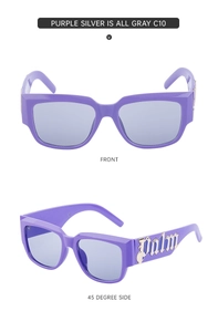 Vue détaillée des lunettes de soleil violettes avec ornement Palm en métal argenté