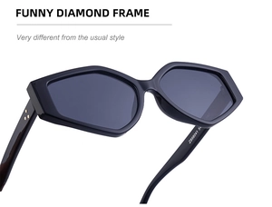 Detail of black geometric diamond frame sunglasses with golden rivet accents on temple