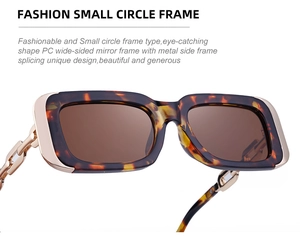 Close-up of retro square tortoiseshell sunglasses with gold metal chain temple detail