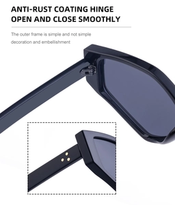 Detail of rust-resistant metal hinges and golden rivet accents on black sunglasses