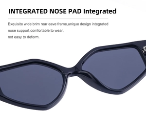 Detail of integrated nose pads on black geometric sunglasses for comfort and durability