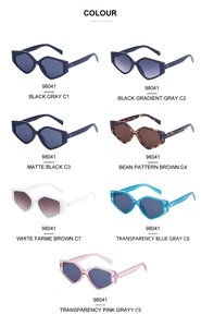 Selection of hexagonal sunglasses in seven colors featuring UV protection and trendy frames