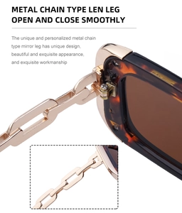 Detail of tortoise frame sunglasses with rose gold chain temples and smooth hinges