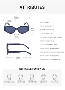 Detailed size specifications for polygon sunglasses with frame measurements and PC material info