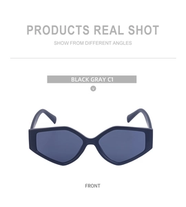 Front view of geometric hexagonal sunglasses in black gray frame with high clarity lenses