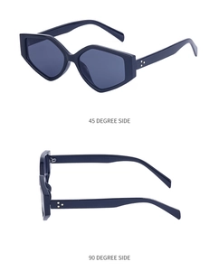 Detailed view of polygonal sunglasses featuring metal rivets and side frame structure