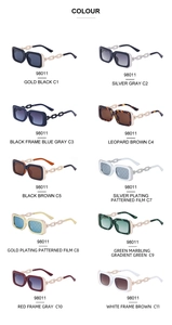 Detailed color options for square frame sunglasses with various frame patterns and tints