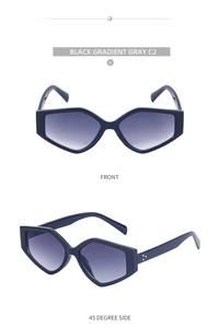 Detailed front and side view of black geometric sunglasses with gradient gray lenses
