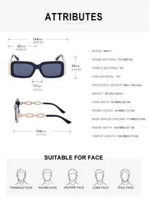 Detailed size chart for rectangular sunglasses featuring gold chain-link metal temples