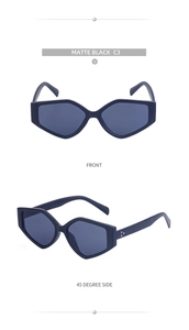 Front and 45-degree side view of matte black geometric sunglasses with triple rivet detail