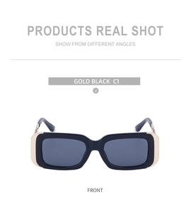 Front view of small rectangular sunglasses with black frame and gold chain metal temples