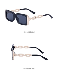 Detailed views of vintage square sunglasses with thick gold metal chain temples