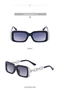Detail view of Silver Gray C2 sunglasses with metallic chain temples and square frame