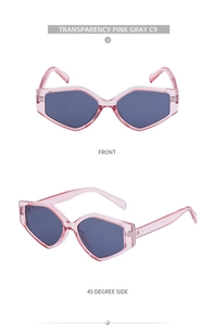 Detailed front and 45-degree side views of pink geometric sunglasses with gray lenses