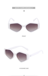Front and side view of white geometric polygon sunglasses with brown gradient lenses