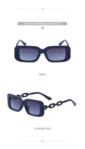 Detailed front and side view of square sunglasses with chunky chain temples and blue lenses