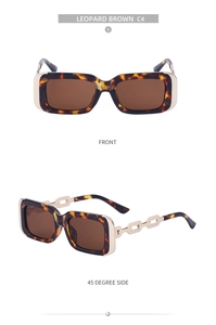 Front and 45-degree views of leopard print sunglasses with gold chain temples