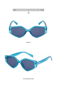 Detail of transparent blue geometric sunglasses with hexagonal frames and metal accents