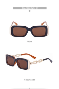 Detail view of square black sunglasses with golden chain temples and brown lenses