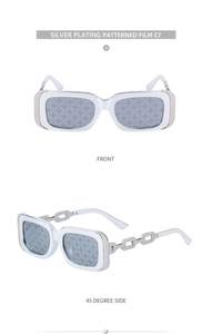 Detail view of square white sunglasses with silver chain temples and patterned lenses