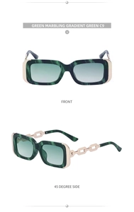 Detail of square sunglasses with green marbling frames and gold chain link temples