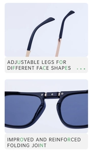 Detail of folding sunglasses with reinforced hinges and adjustable gold metal temples