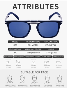 Detailed technical specification chart for foldable square sunglasses with frame dimensions