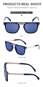 Multiple views of folding square sunglasses in bright black with light gold metal temples