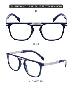 Macro view of folding square frame sunglasses in black and blue with metal V detail