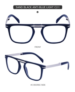Front and side view of sand black square anti-blue light glasses with silver metal accents