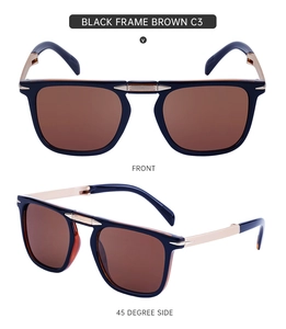Front and 45-degree side view of vintage folding sunglasses with black frame and brown lenses