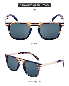 Front and side view of foldable retro tortoise shell sunglasses with metal details