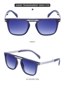 Foldable square sunglasses with sand transparent gray frames and blue gradient lenses