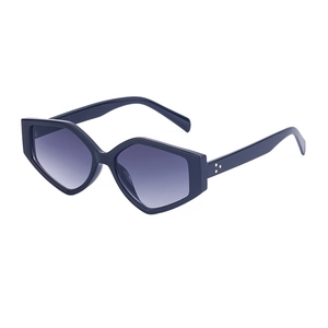 Polygon geometric sunglasses with deep blue frames and purple gradient lenses
