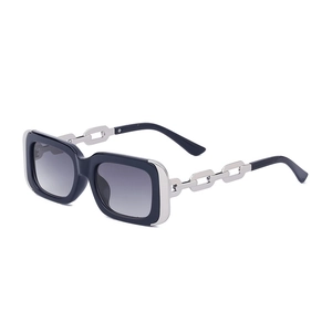 Retro square sunglasses with gray gradient lenses and silver chain temple detail