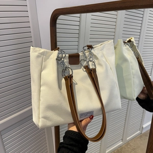 Women Canvas Tote Bag Large Capacity Retro Shoulder Bag With Alloy Chain Synthetic Leather Strap Magnetic Buckle Commuter