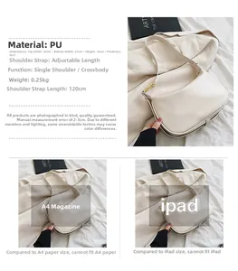 Comparaison de taille du sac croissant en PU beige avec magazine A4 et iPad pour la capacité