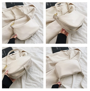 Vues multi-angles d'un sac hobo minimaliste crème montrant son similicuir lisse et forme