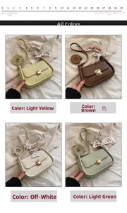 Detail view of the elegant flap closure and silk scarf strap on four stylish handbags