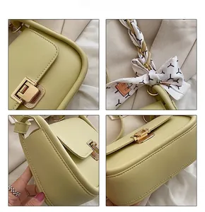 Detailed four-angle view of lime green saddle bag with gold buckle and silk scarf