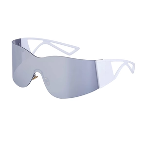 White futuristic rimless Y2K sports sunglasses with gradient lens and cutout temples