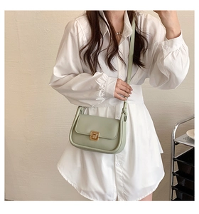 Detail of sage green crossbody bag showing the elegant golden square lock and leather texture