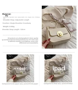 Detailed size chart for beige PU crossbody bag with dimensions and strap specifications