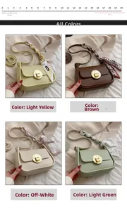 Detail view of small square bags with metal locks and silk scarf wrapped handles in 4 colors