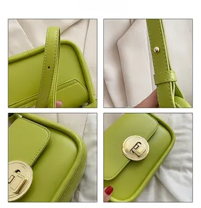Detail shots of bright green crossbody bag showing metal buckle, stitching, and lock