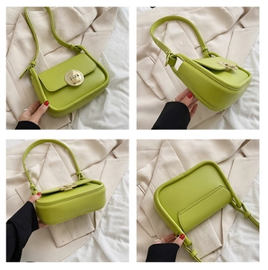 Detailed views of an avocado green leather shoulder bag with a round gold metal buckle